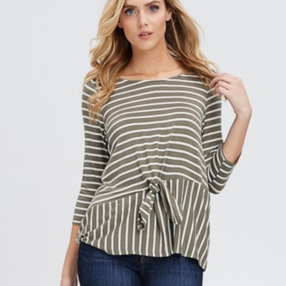 Papermoon - NWT Olive Cream Tie Top Asymetrical Hem Stripe SML